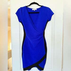 V-Neck Black and Blue Wrap Mini Dress NWOT!